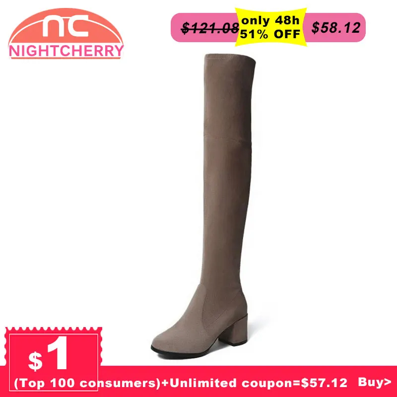 

NIGHTCHERRYWomen Real Leather Over Knee Elastic Boots Zipper High Heel Boots Winter Shoes Long Botas Women Footwear Size 33-40