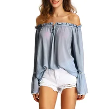 Summer Sexy Off Shoulder Tops Slash Neck Shirts Women Casual Long Sleeve Slim Ruffles Flare Sleeve Blouse blusa feminina