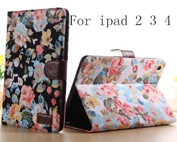 

For iPad 2 ipad 3 Flower Series Style Magnetic PU Leather Case With Card Slot Holder Stand smart cover case For iPad 4 case