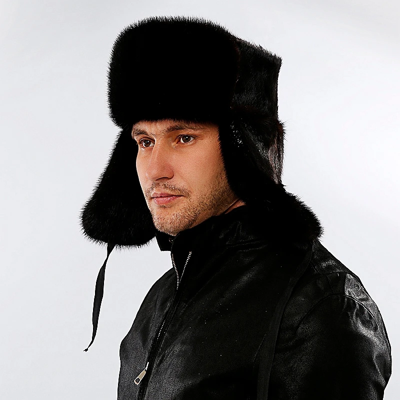 Bomber Hats For Men Genuine Real Mink Fur Thicken Father Gift Male Adjustable Cold Winter Hat