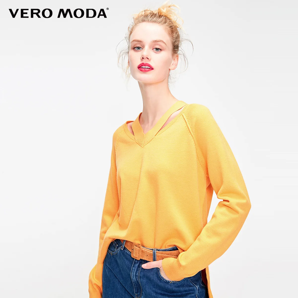 Vero Moda тонкий свитер женский полый уличная одежда рукав чистый вязаный свитер для женщин | 318313504 - Цвет: Amber