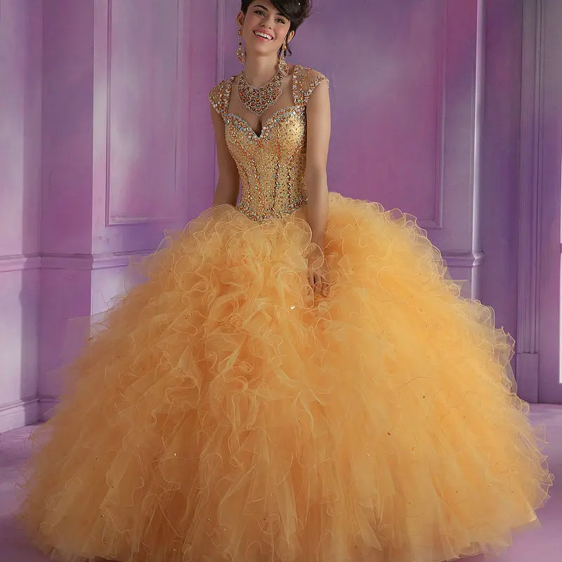 Gold Quinceanera Dresses Ball Gowns Cap Sleeve Organza Royal Blue