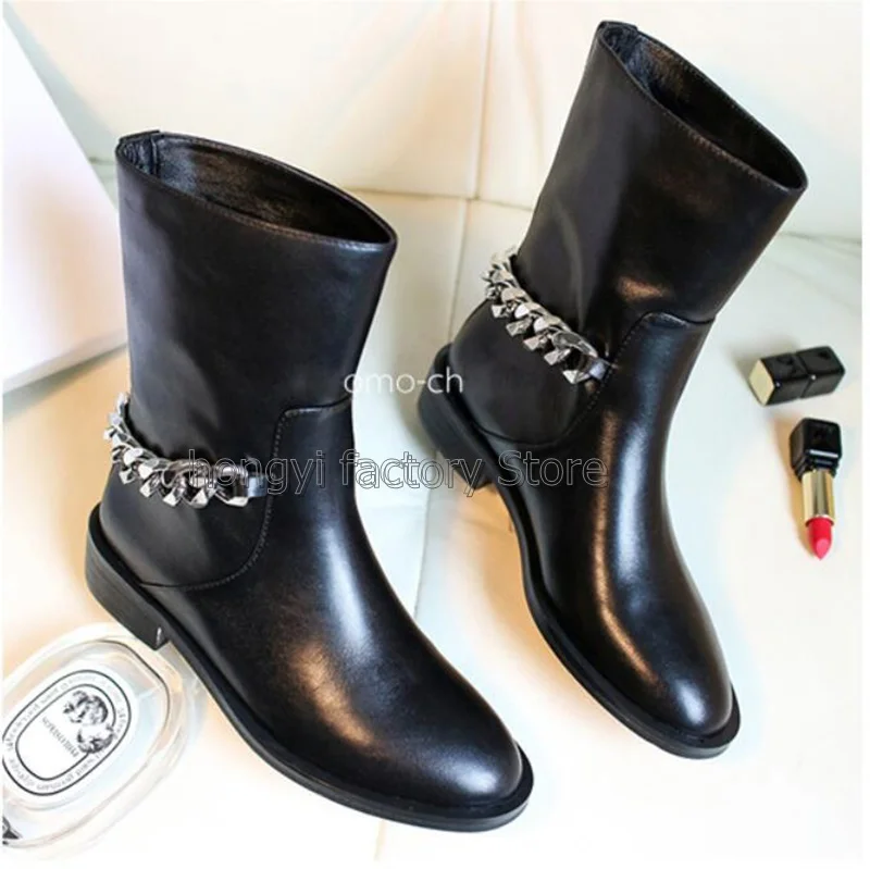 Designer Silver Gold Chain Women Ankle Boots Chunky Heeled Autumn Women Booties Women's Shoes