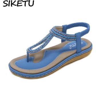 

SIKETU Women Flip Flops Bohemia Sandals Weave Rhinestone Crystal Shoes Casual Flat Heels Thong Comfort Soft Rome Gladiator Shoes