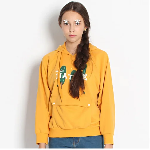 

Hoodie Sweatshirts Yellow Women Pullover Tops Long Sleeve Cotton Big Pockets Trees Printed Loose Tracksuit 2017 Autumn Winter
