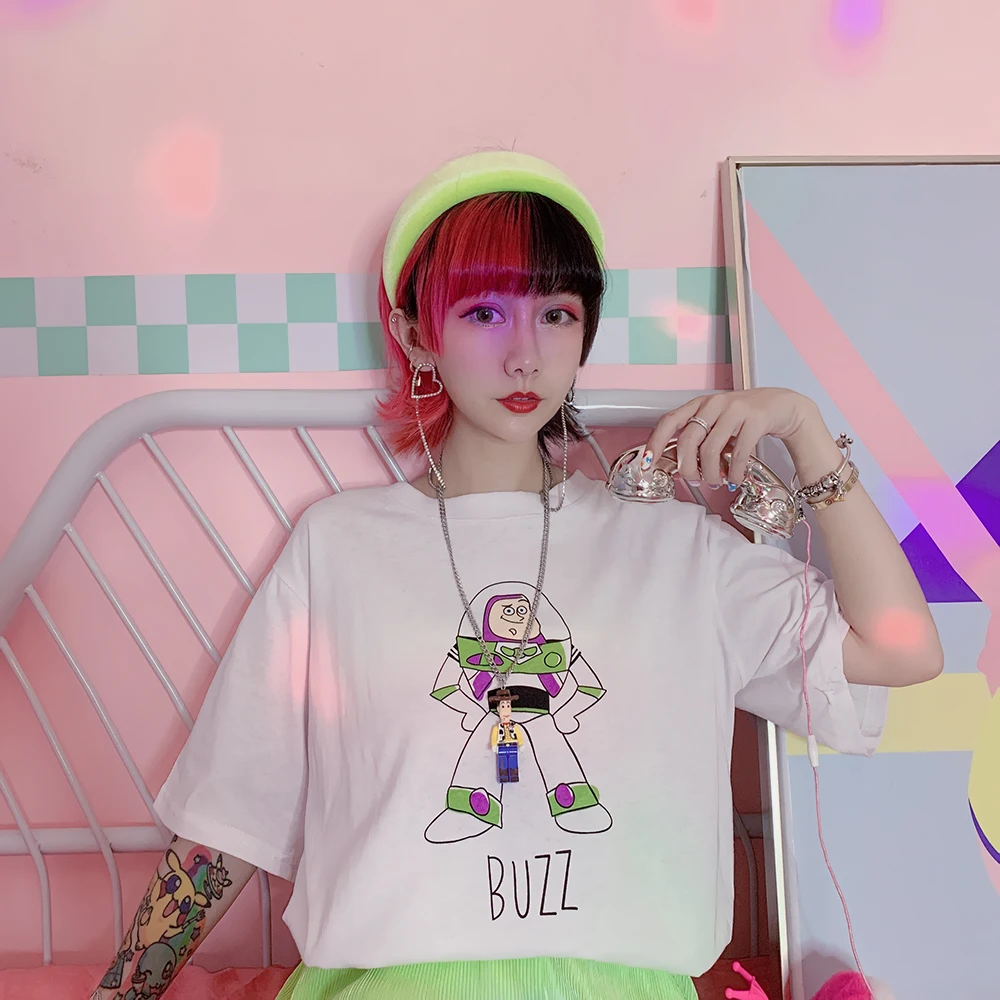 

Original style cartoon children's fun printing white graffiti short-sleeved summer age reduction loose T-shirt top