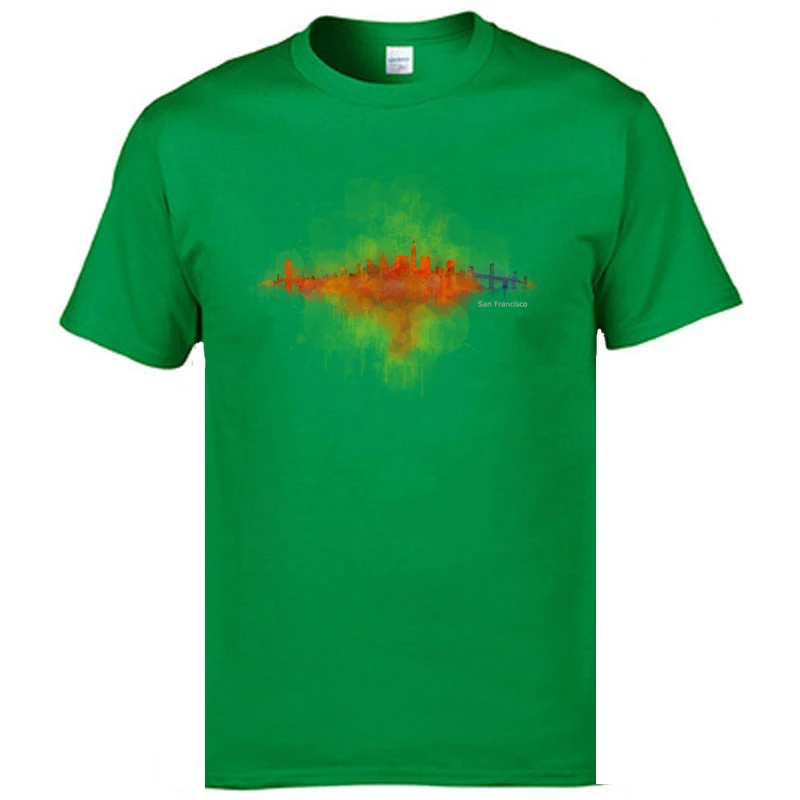 Tops Shirt Party ostern Day Brand New Casual Short Sleeve 100% Cotton O-Neck Men T Shirts Casual Tops Shirt Free Shipping San Francisco Dark Skyline watercolor v4 green