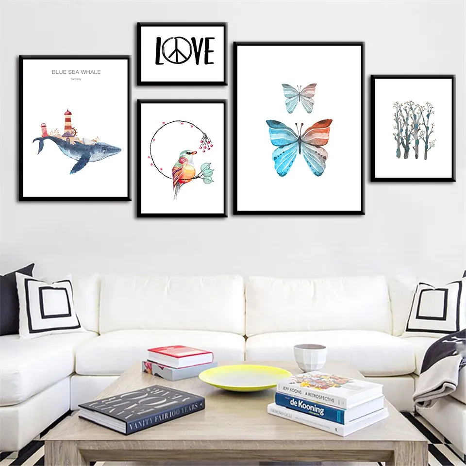 Кит птица живопись на холсте бабочка постер Искусство Печать картины для спальни