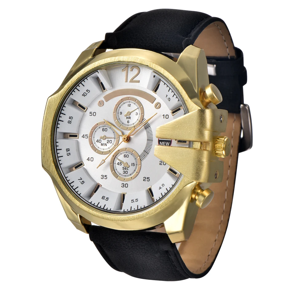 

Mens Watches Military Army 50mm Big Gold Dial Brand XINEW 0201 Leather Fashion Casual Quartz Watch Relogio Masculino de Couro