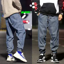 Мешковатые размеры шаровары мужские модные эластичные ноги внизу джоггеры джинсы с пэчворком ретро синие брюки трендовая мужская одежда