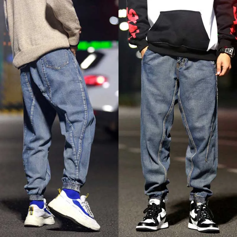 

Baggy Size Harem Jeans Men Fashionable Elastic Feet Bottom Joggers Patchwork Denim Pants Retro Blue Trousers Trendy Man Clothing
