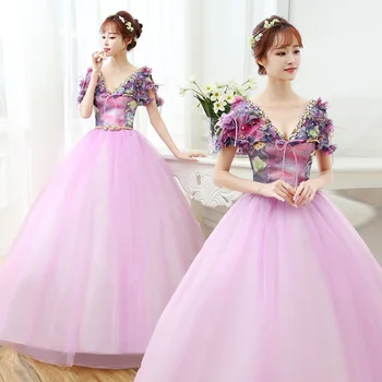 

Freeship light lavender flower printing beading fairy fancy ball gown Medieval Renaissance Gown Victorian Ball stage performance