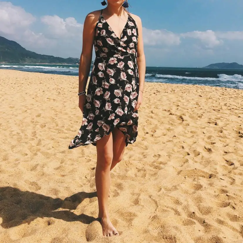 

FishSunDay Summer Womens Camisole V-Neck Printing Chiffon Backless Beach Mini Dress 0712