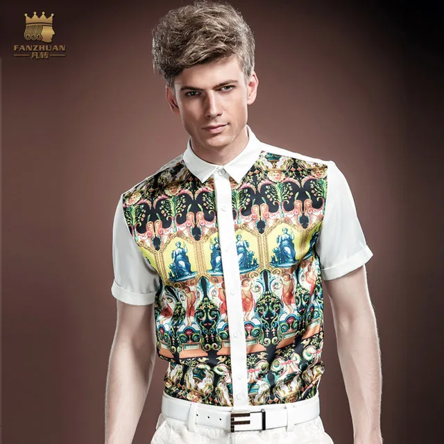 

Free Shipping Fanzhuan New male fashion Mens Men's Palace summer white square collar short-sleeved pattern printed shirt 14324