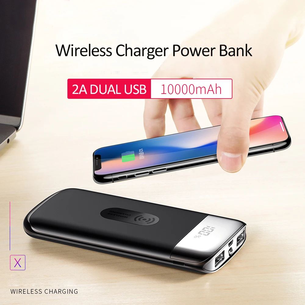 

2018 Portable 10000mah Qi Wireless Charger Power Bank Dual USB with Digital Display External Battery Powerbank For iphone X 8 8P