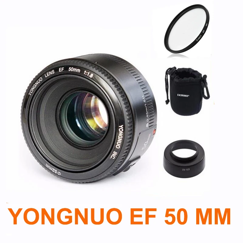 Online YONGNUO YN50mm f1.8 YN 50mm AF lente YN50 enfoque automático lente + capucha + UV len + bolsa para cámaras Canon EOS DSLR