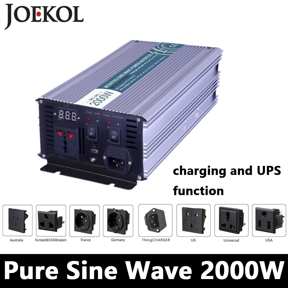 

Full Power 2000W Pure Sine Wave Inverter,DC 12V/24V/48V To AC110V/220V,off Grid Solar Inverter With Battery Charger And UPS