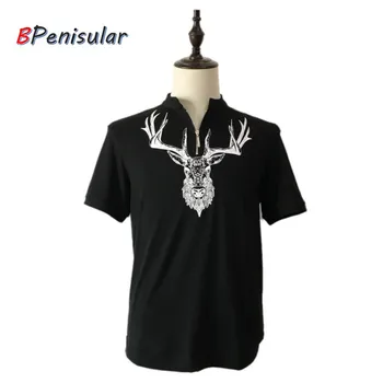 

Zipper Shirts 2018 Summer Short Sleeve Elk Deer Print Solid Shirt Men Zip Stand Collar streetwear tee Tops for Men T-shirt