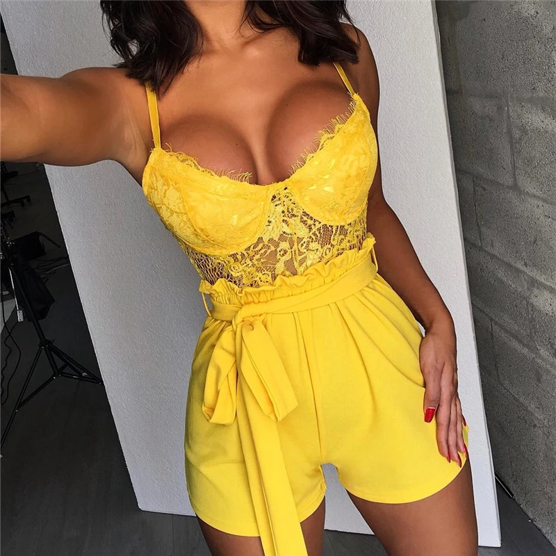 

Women 2019 Summer Elegant Sexy Beach Party Rompers Spaghetti Strap Eyelash Lace Insert Frill Hem Casual Playsuits Streetwear