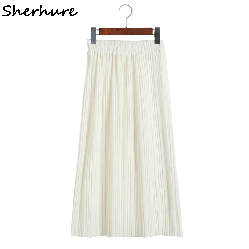 Sherhure Осенняя Женская плиссированная юбка, винтажная Женская юбка миди, женская белая юбка с высокой талией, Saia Longa Falda Jupe Femme