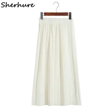 Sherhure Осенняя Женская плиссированная юбка, винтажная Женская юбка миди, женская белая юбка с высокой талией, Saia Longa Falda Jupe Femme