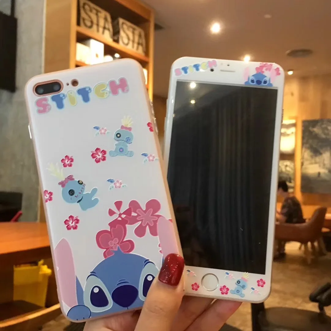 

Rlenda Cartoon Stitch TPU+PC Phone Case for iphone 7 8 6 6s Plus +3D Tempered Glass screen protector Film Protective Glass