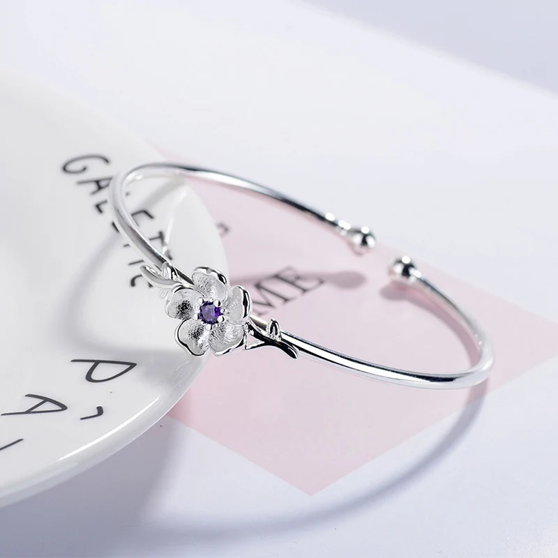 XIYANIKE 925 пробы серебро дизайн розовый фиолетовый хрустальный цветок вишни Браслеты Регулируемый браслет для женщин Сладкий - Окраска металла: Purpule
