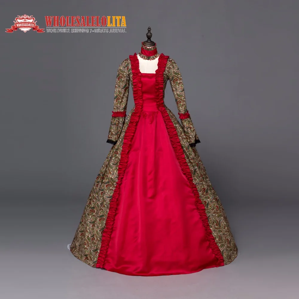 

Red Print Renaissance Georgian Gothic Dress Gown Steampunk Reenactment Theatrical Cosplay Costume