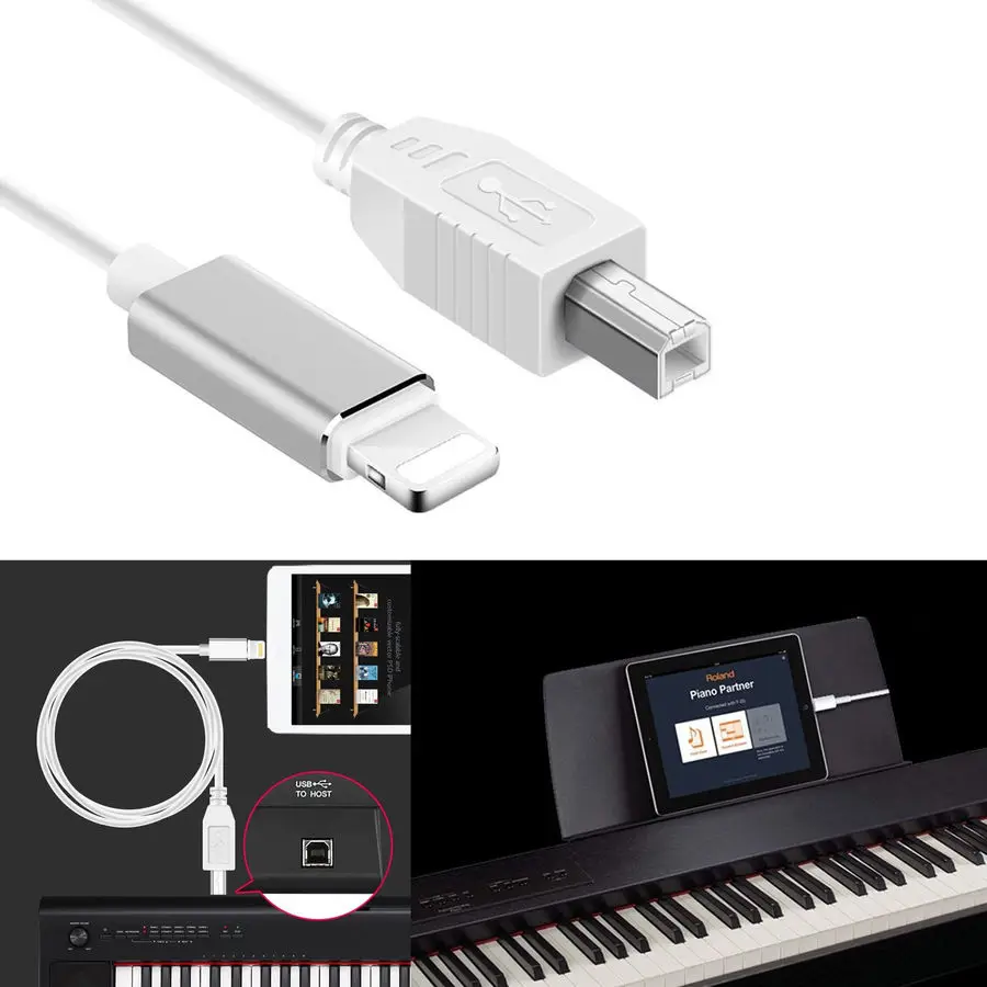  For L to Type-B MIDI Keyboard Converter USB 2.0 Cable for iPhone iPad X iPad