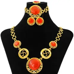 Модный Креативный дизайн 24 Золотые Ювелирные наборы Красный Большой Циркон ожерелье кольцо серьги свадебный подарок ювелирные изделия