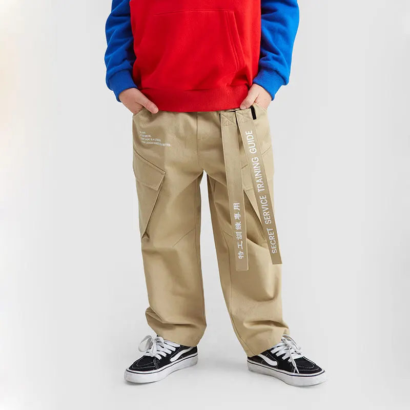 

Ouyang&Ivan Autumn Kid Loose Pants Straight Boy Girl Cargo Pants Student Overalls Printed Ribbon Children's Casual Pants