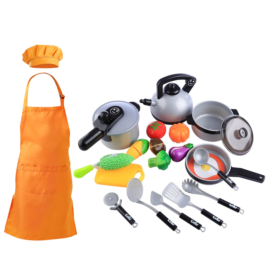 

19Pcs Children Cooking Toys Pretend & Play Game Early Educational Toy Set + Apron Set Kitchen Pastry Chef Clothing Apron