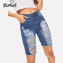 ROMWE Молния Fly Рваные джинсовые шорты 2019 молодых женщин Лето Тощий синий шорты Сказочный эластичный середины талии карман шорты