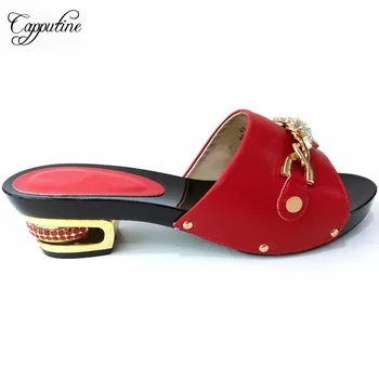 

Summer Red Shoes For Women Dress Elegant Metal With Rhinestone High Heels Shoes For Evening Party Square Heels Shoes TX-987-6