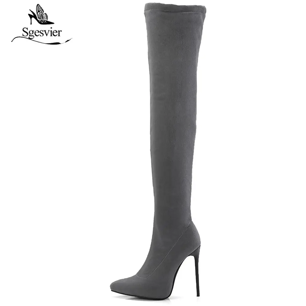 Sgesvier/женские ботфорты из эластичной замши пикантные ботфорты на шпильке высокие сапоги на высоком каблуке с острым носком черный, серый цвет, B774