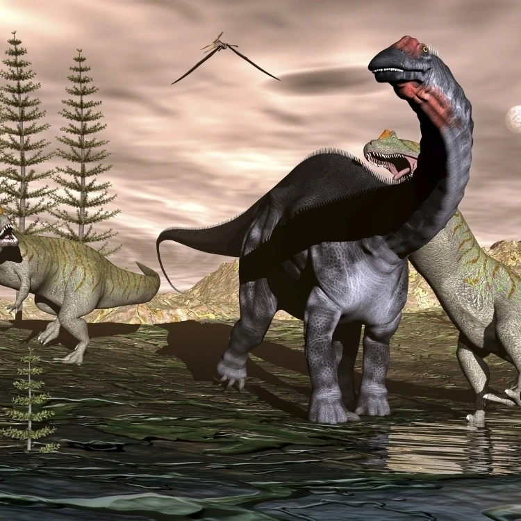 Allosaurus dinosaurs attacking an Apatosaurus Poster Print (32 x 24)