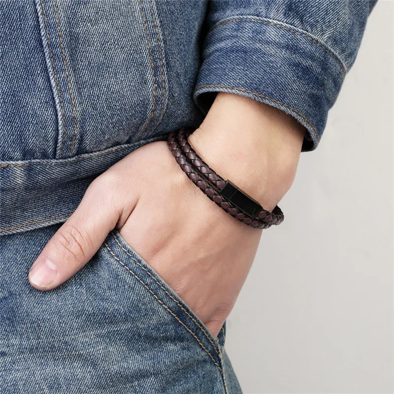 Горячая мода мужской кожаный браслет wrap Weave браслеты для мужчин из нержавеющей стали черный магнитный браслет в стиле панк очаровательный браслет ювелирные изделия