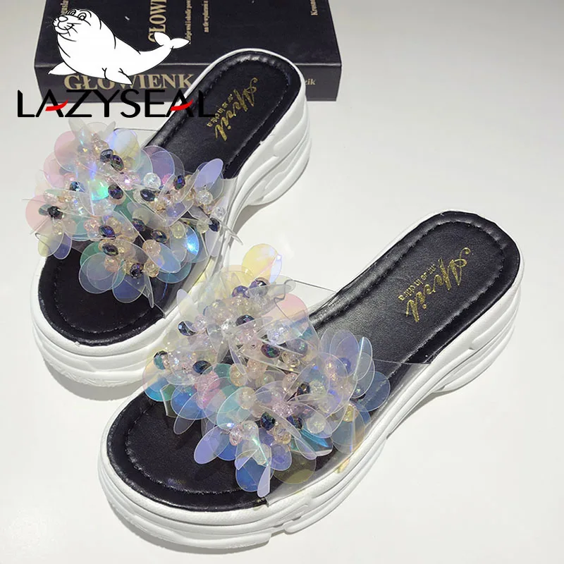 LazySeal Transparent Bling Platform Slippers Women New Summer Shoes With Crystal Diamonds Wedge Ladies Flip Flops Woman Slides