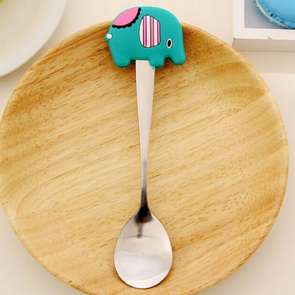 

Stainless Steel Soup Spoon Cute Silicone Cartoon Animal Handled Elephant Patterns Dessert Tea Coffee Rice Small Spoon Baby Spoon