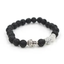 Популярные украшения натуральная Лава вулканический камень белая струна древняя серебряная голова Будды Бусины Энергетический Браслет