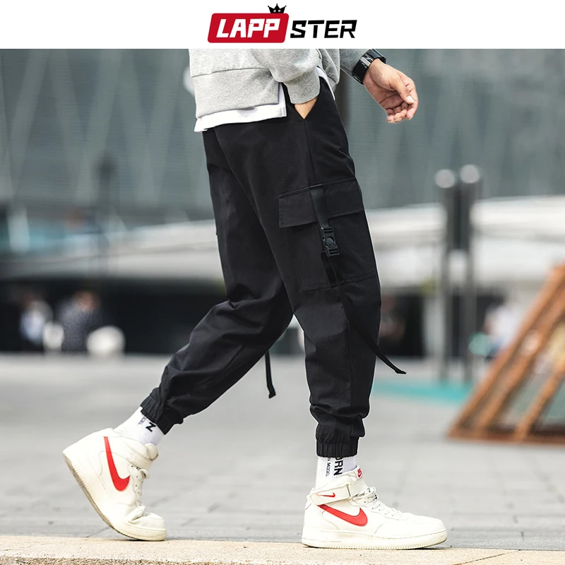 

LAPPSTER Men Japanese Streetwear Cargo Pants 2019 Overalls Mens Ribbons Harajuku Hip Hop Ankel-length Track Pants Trousers 5XL