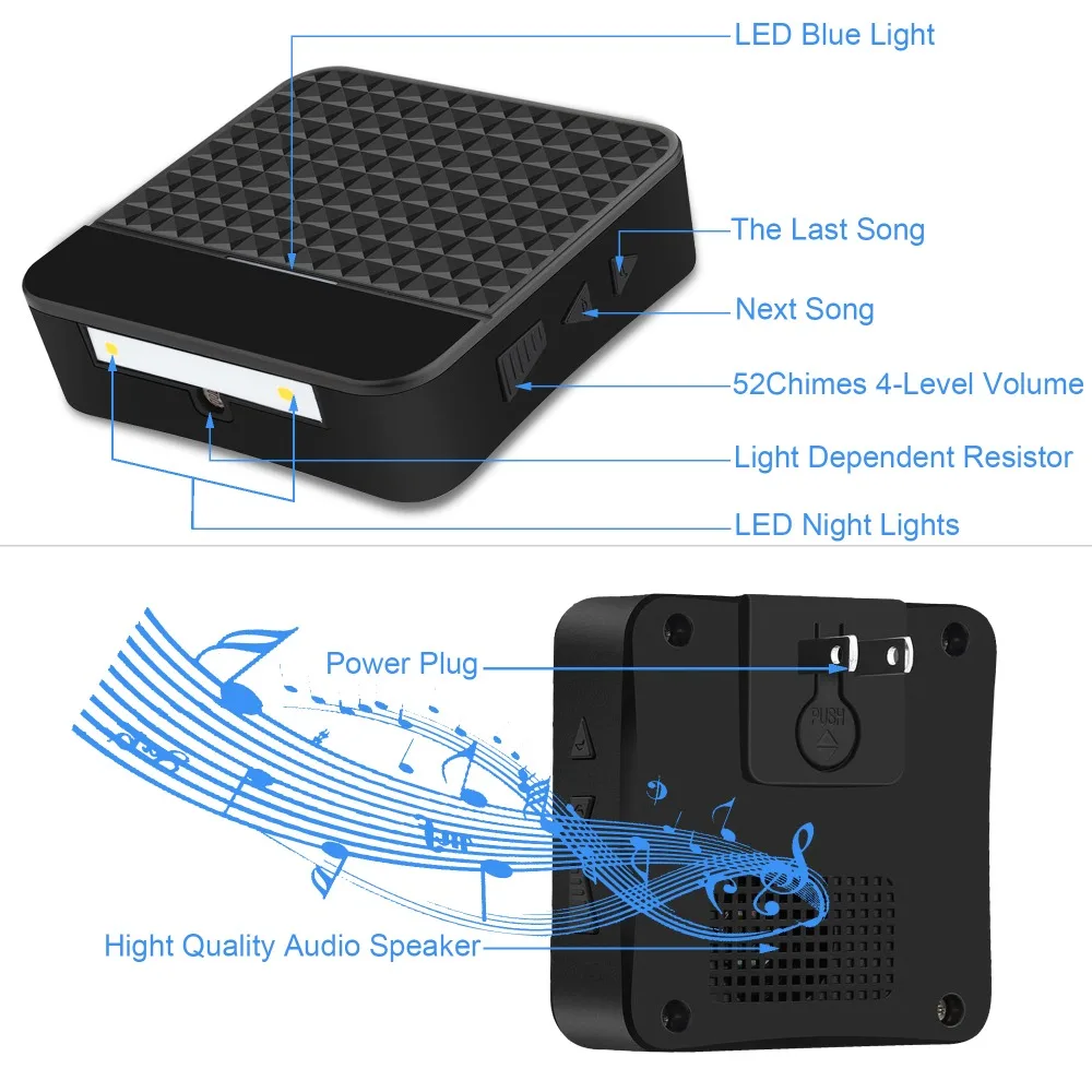 FORECUM-timbre inalámbrico para puerta, timbre LED a prueba de agua, CA 90-260V, enchufe europeo/estadounidense/británico, control remoto de 300M, 52 anillos, 4 niveles de volumen