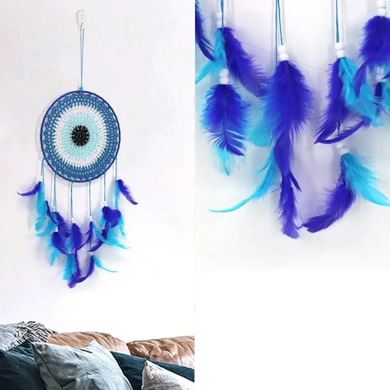 Синий Ловец снов Чистая с перьями Wind Chime Настенное подвесное украшение Хранитель снов ручной работы дома спальня украшения Craft