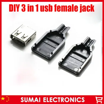 

Free shipping 200sets DIY 3 in 1 welding wire type A 2.0 USB connector charger female jack with plastic shell/housing belt kit