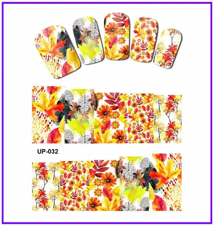12 упак./лот переводка NAIL ART наклейки на ногти слайдер полное покрытие красного и желтого цветов кленовое дерево осеннее Падающие листья UP25-36