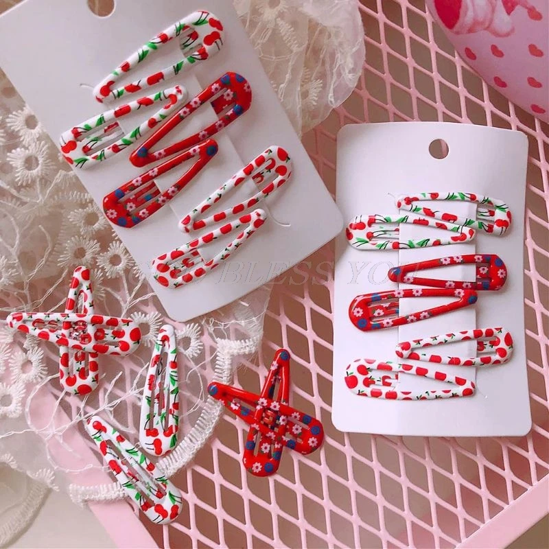 

6Pcs/Set Vintage Sweet Young Girls Metal BB Hair Clips Cute Cheery Floral Apple Baking Paint Water Drop Hairpins Snap Barrettes