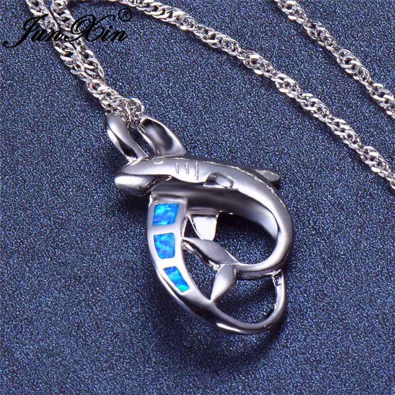 JUNXIN Белый/Синий огненный опал подвеска в виде акулы ожерелье s для женщин 925 пробы серебро заполненное животное ювелирные изделия модное ожерелье NL0180