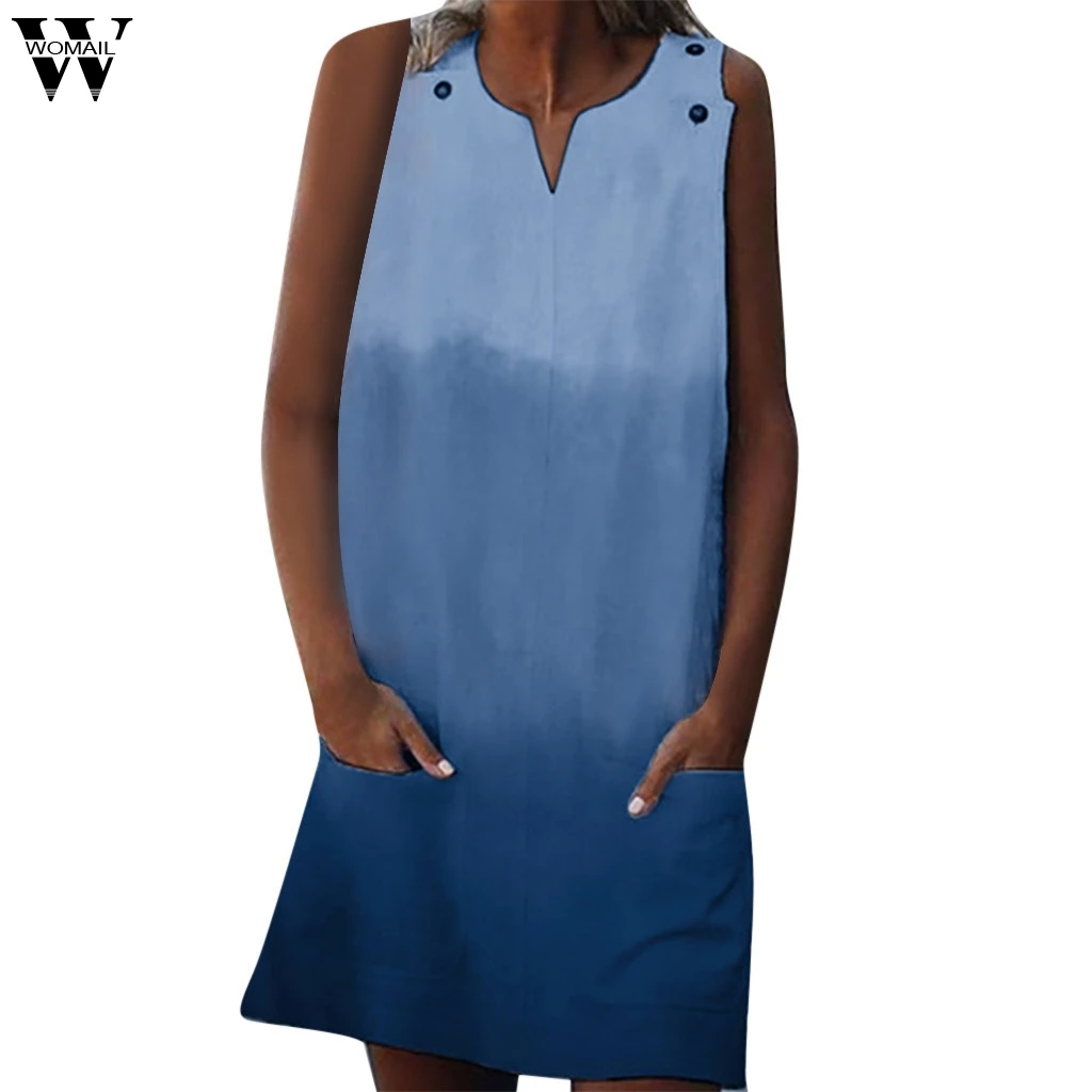 

Womail dress Summer Dress Sleeveless Shift Daily Gradation Pocket Button Mini Dresses Casual Party Elegant fashion 2019 A1