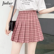 Jielur клетчатая Милая женская плиссированная юбка А-силуэт сексуальные красные абрикосовые юбки цвета хаки шикарный школьный стиль Лето Высокая талия женские низ