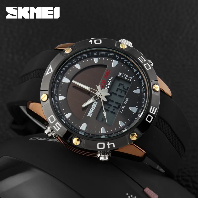 Watches Men Waterproof Solar Power Sports Casual Watch Man Men's Wristwatches 2 Time Zone Digital Quartz LED Clock Men